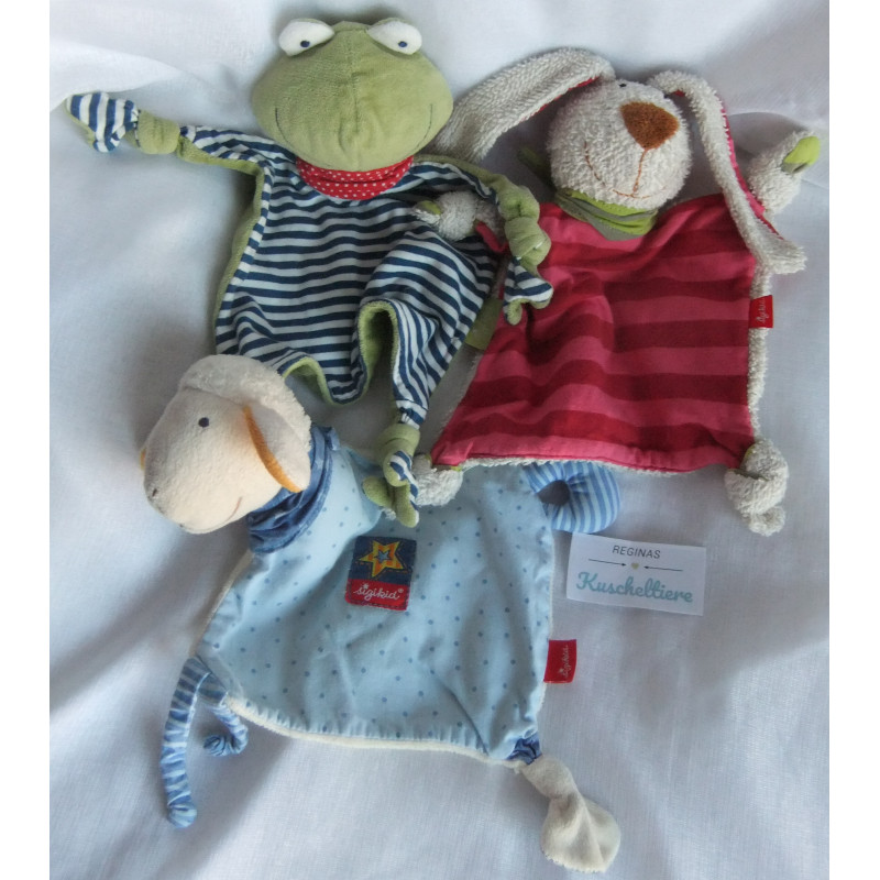 Sigikid - drei Schmusetücher - Schaf BluBluBlu - Frosch blau-weiß gestreift - Hase Frottee rot gestreift