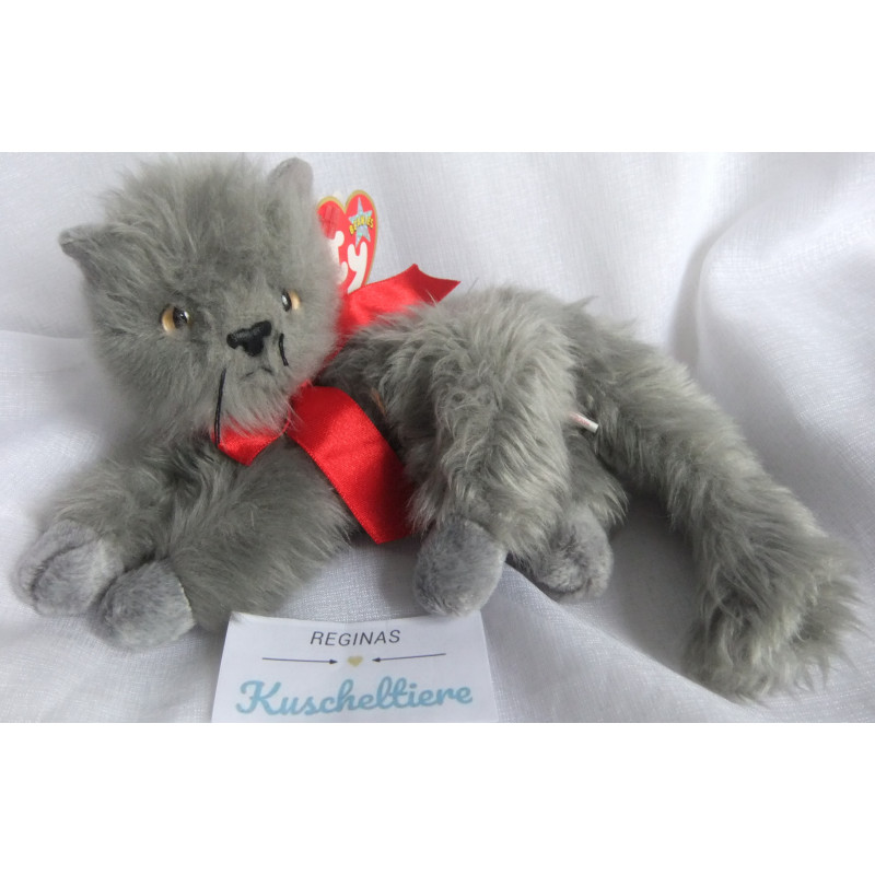 Ty - Plüschtier - Vintage - Katze Beani grau mit roter Schleife - ca. 21 cm groß - liegend