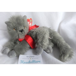 Ty - Plüschtier - Vintage - Katze Beani grau mit roter Schleife - ca. 21 cm groß - liegend