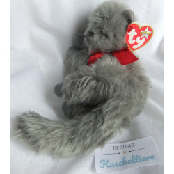 Ty - Plüschtier - Vintage - Katze Beani grau mit roter Schleife - ca. 21 cm groß - liegend