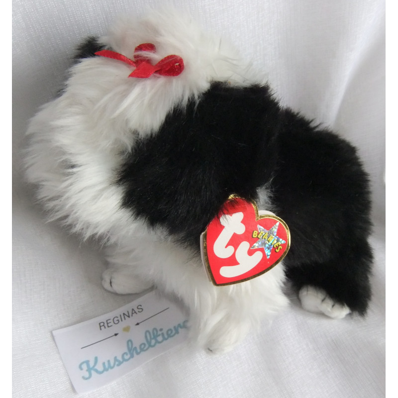 Ty - Plüschtier - Vintage - Hund - Poofie - schwarz, weiß mit kleiner roter Schleife auf dem Kopf - ca. 17 cm groß - lang