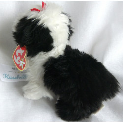 Ty - Plüschtier - Vintage - Hund - Poofie - schwarz, weiß mit kleiner roter Schleife auf dem Kopf - ca. 17 cm groß - lang