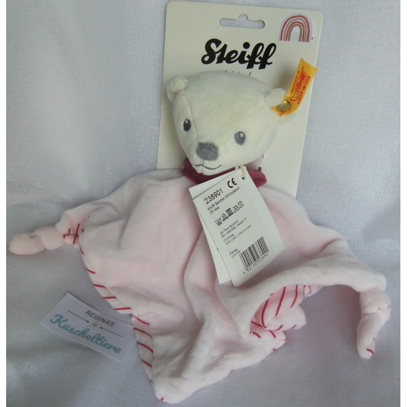 Steiff - Schmusetuch - Bär Knuffi rosa, rosa-rot-weiß gestreift mit Halstuch brombeer - ca. 26 cm lang