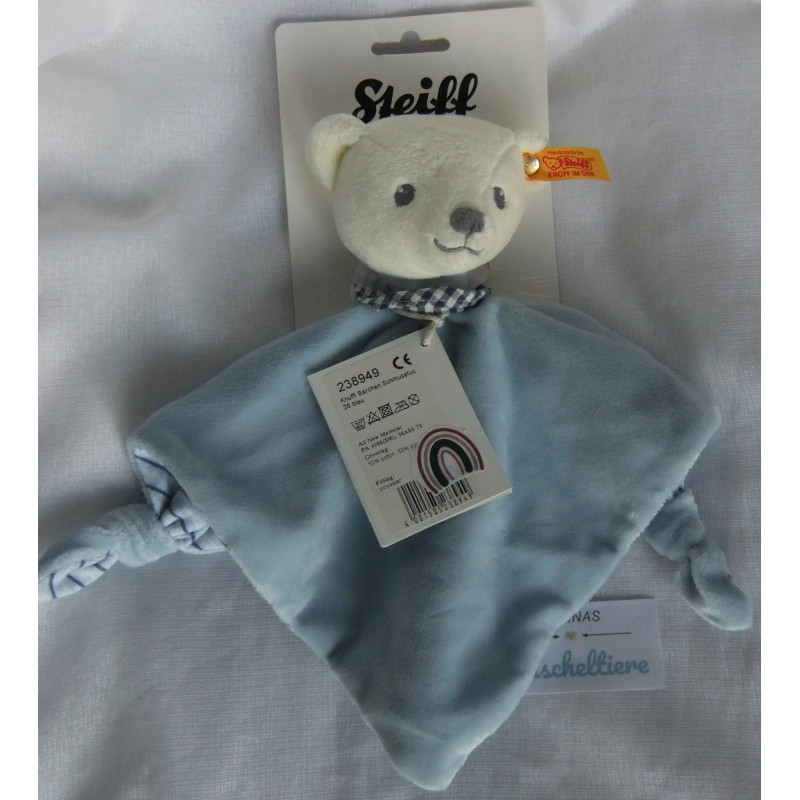 Steiff - Schmusetuch - Bär Knuffi hellblau, hellblau-weiß-dunkelblau mit Halstuch blau-weiß kariert- ca. 26 cm lang