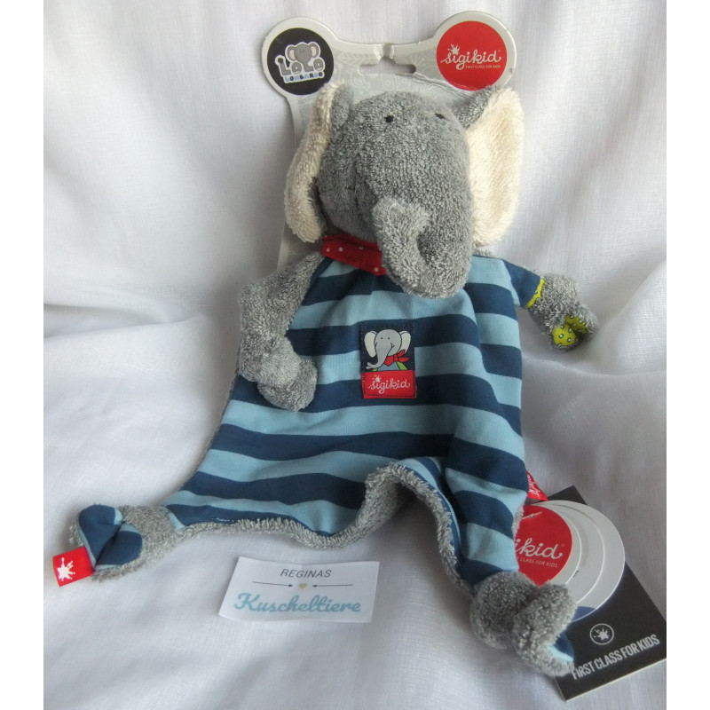 Sigikid - Schmusetuch - Frottee/Stoff - Elefant Lolo Lombardi - grau, blau gestreift mit Halstuch - ca. 25 cm lang