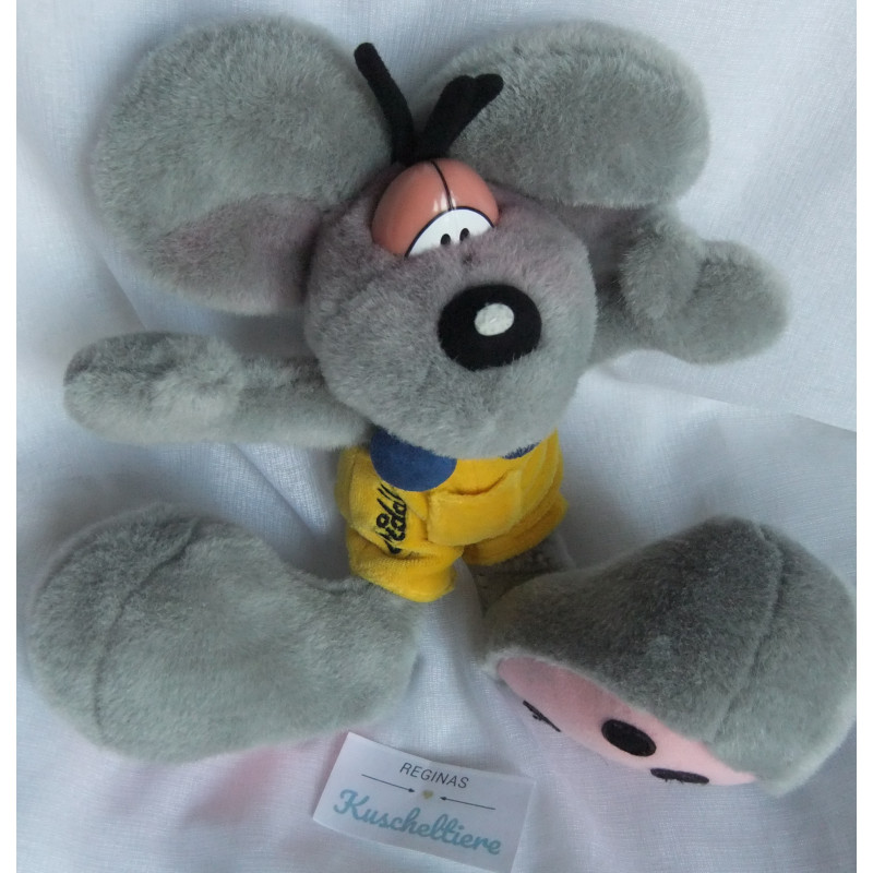 Depesche - Vintage Plüschtier - Diddl Maus grau mit Latzhose gelb mit blauen Knöpfen - ca. 25 cm groß - Schlenker