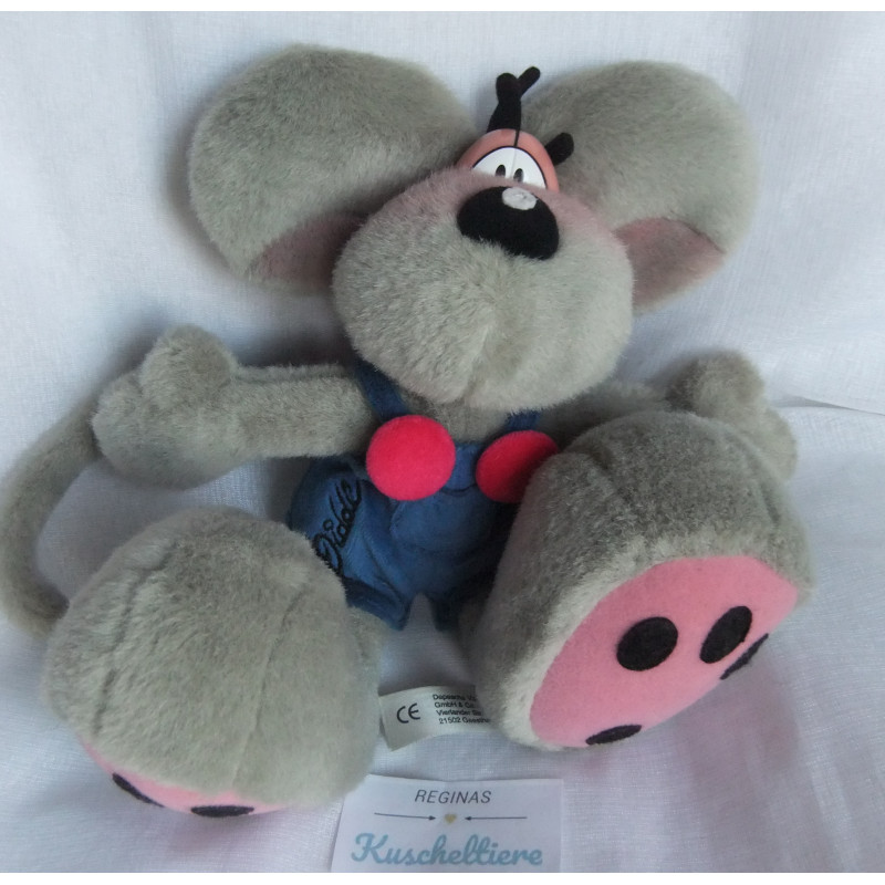 Depesche - Vintage Plüschtier - Diddl Maus grau mit Latzhose blau mit pinken Knöpfen - ca. 27 cm groß - Schlenker