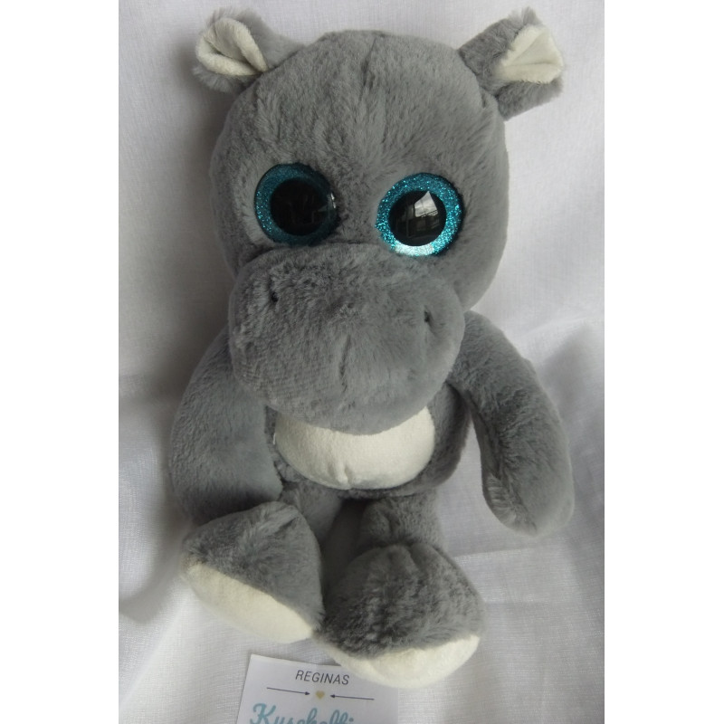 Sunkid - Plüschtier Nilpferd mit großen Glitzeraugen - grau, weiß, blau - ca. 30 cm groß - Schlenker