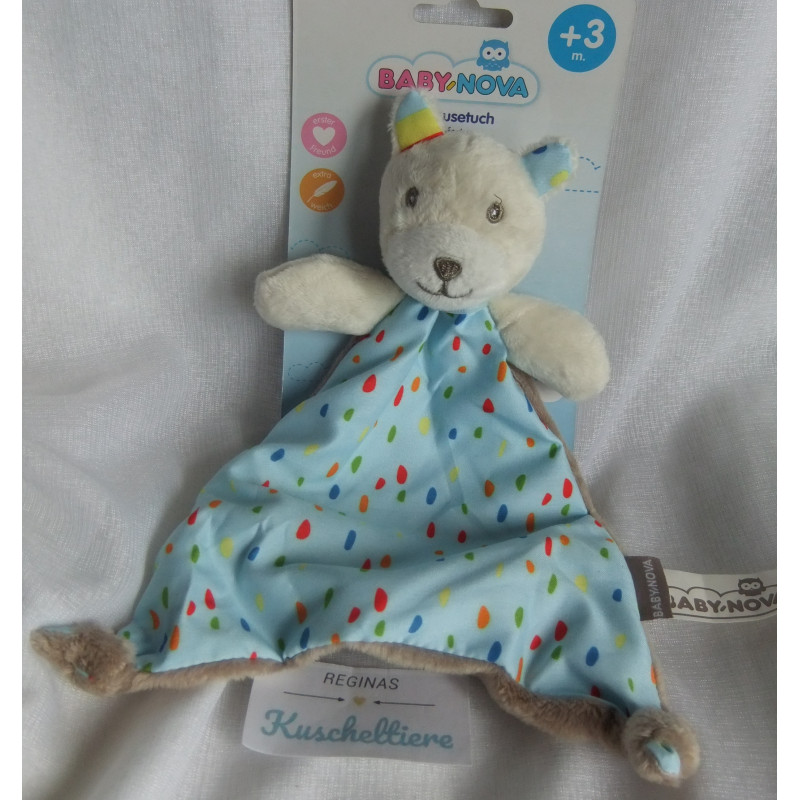Baby Nova - Novatex GmbH - Schmusetuch Bär - creme, braun, hellblau mit bunten Punkten - ca. 22 cm lang
