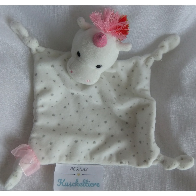 Spiegelburg - BabyGlück - Schmusetuch Einhorn weiß mit grauen Motiven, bunte Mähne - ca. 23 cm lang