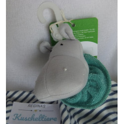 Alana - DM - Schmusetuch - zweilagig - Nilpferd blau-weiß gestreift, weiß mit bunten Punkten - Halskrause grün - ca. 30 cm lang