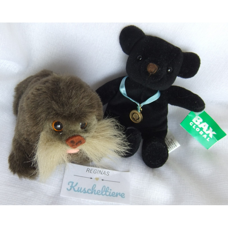 Zwei kleine Plüschtiere - Vintage - Igel Spielzeug NDR Walross Antje Brauntöne und Bax Global Bär schwarzr