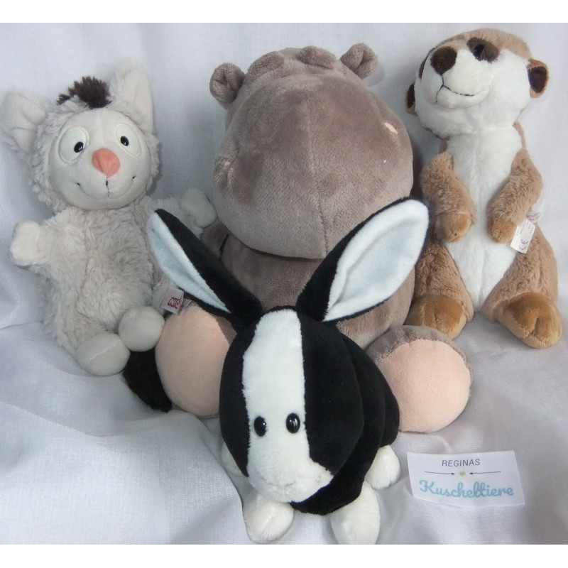 Nici - vier Plüschtiere - Erdmännchen, Hase, Nilpferd (ohne Herz), Flughörnchen