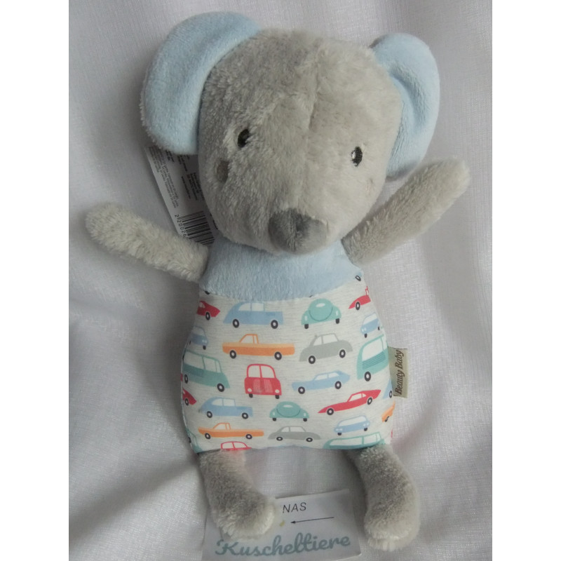 Beauty Baby - Spieltier Plüschtier - Maus grau mit bunten Motiven (Auto) - ca. 25 cm lang