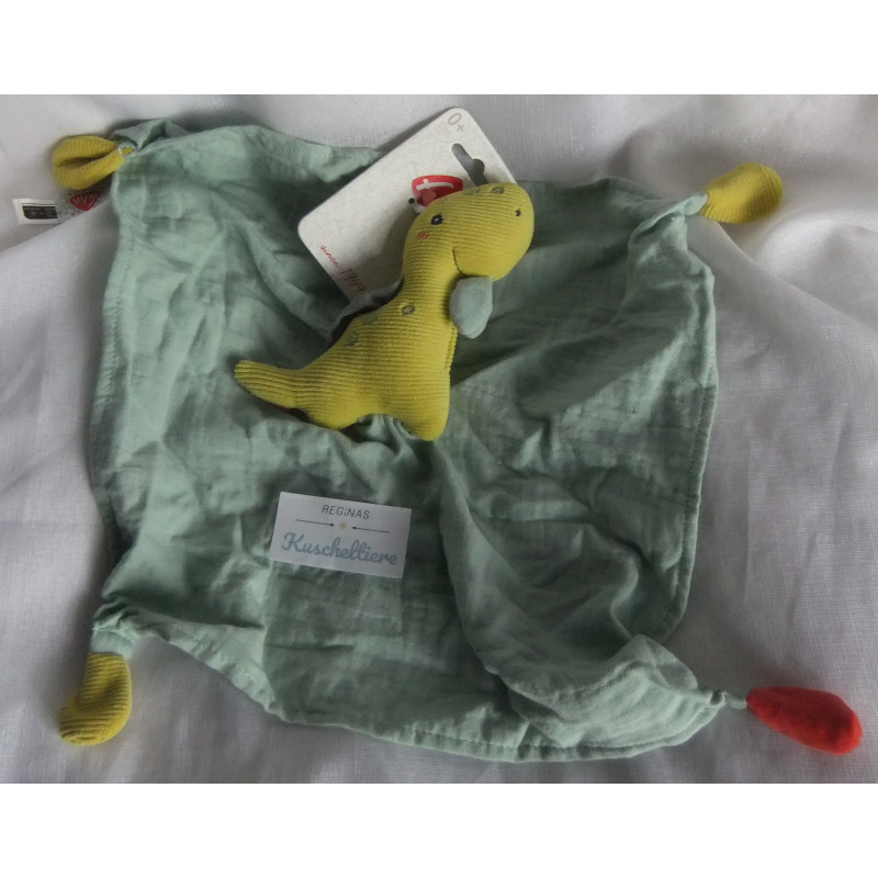 Fehn - DM - Schmusetuch - Dino - Cord, Velours, Musselin - grün, mint ca. 35 cm lang