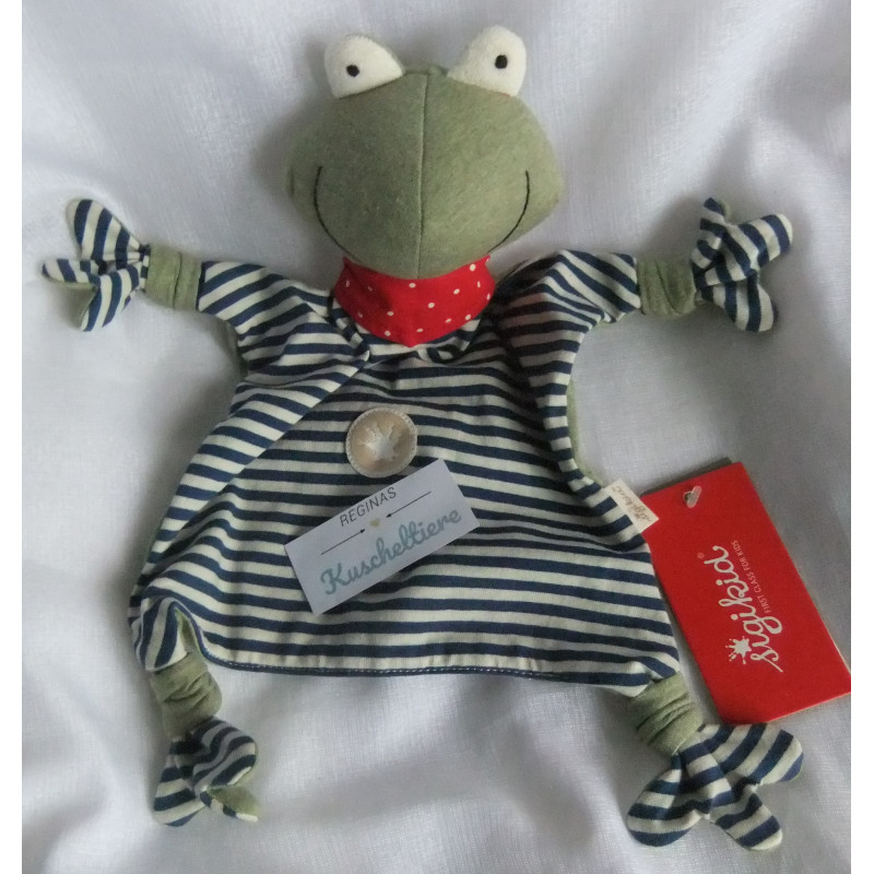 Sigikid - Schmusetuch - Frosch - grün, blau-wollweiß gestreift mit Halstuch rot mit weißen Punkten - ca. 26 cm lang