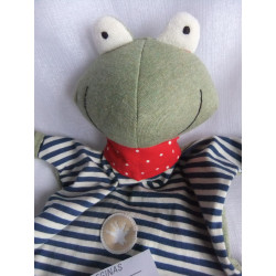 Sigikid - Schmusetuch - Frosch - grün, blau-wollweiß gestreift mit Halstuch rot mit weißen Punkten - ca. 26 cm lang