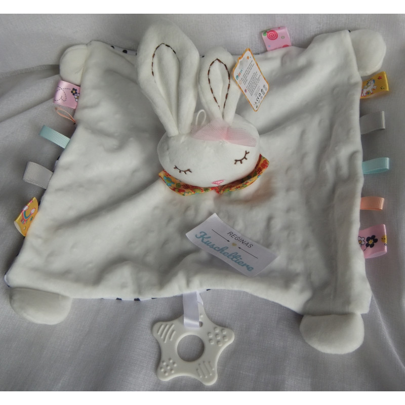 BBSKY - Schmusetuch - Hase weiß, weiß mit schwarzen Punkten und Rassel- Knistergeräusch - ca. 26 cm x 26 cm groß