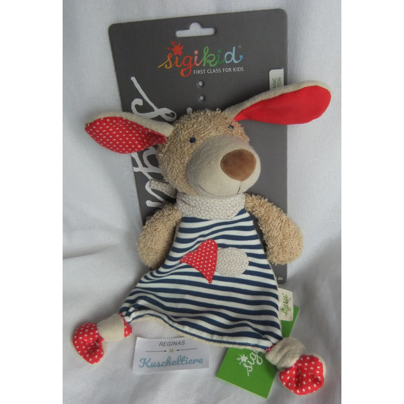 Sigikid - Schmusetuch - Hund blau-wollweiß gestreift mit Halstuch beige mit Motiven - ca. 27 cm groß