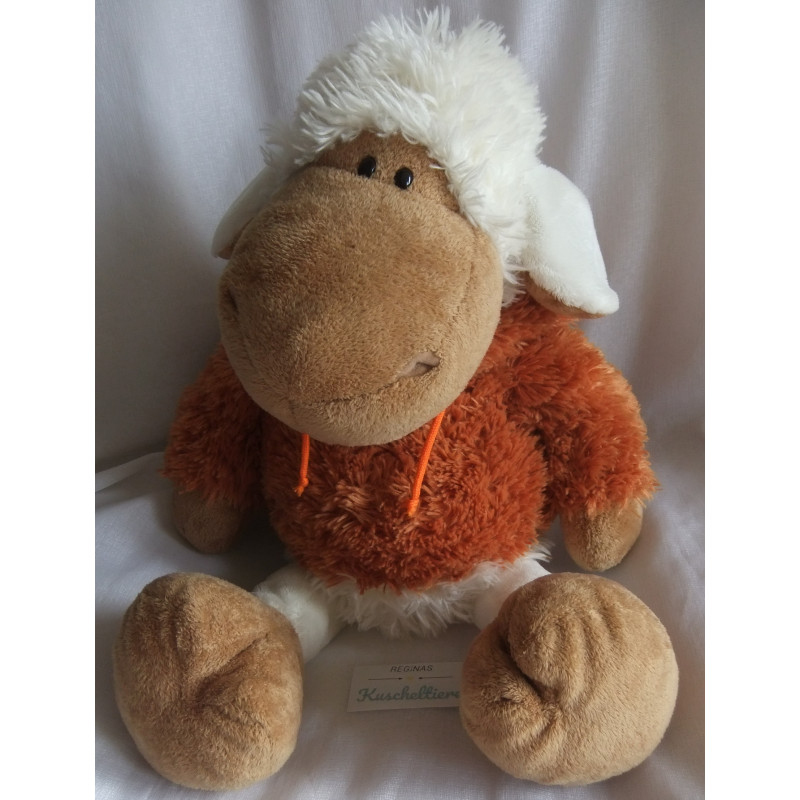 Nici - Plüschtier - Schaf Jolly Mäh Sheebo mit Kapuze - orange, weiß, braun - ca. 50 cm groß - Schlenker