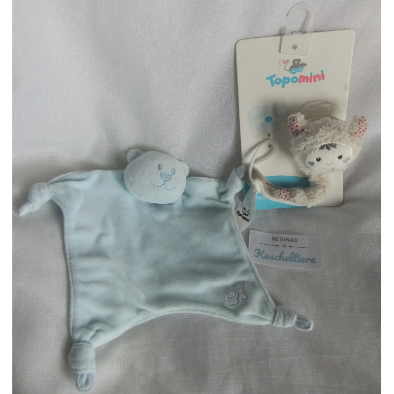 Topomini Schnullerkette Schaf und Mallory Grant Ltd Schmusetuch Bär hellblau