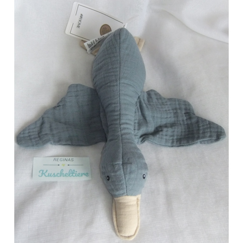 H&M - Plüschtier Stofftier - Ente - Musselin - taubengrau - mit Knistergeräusch - ca. 27 cm lang - liegend