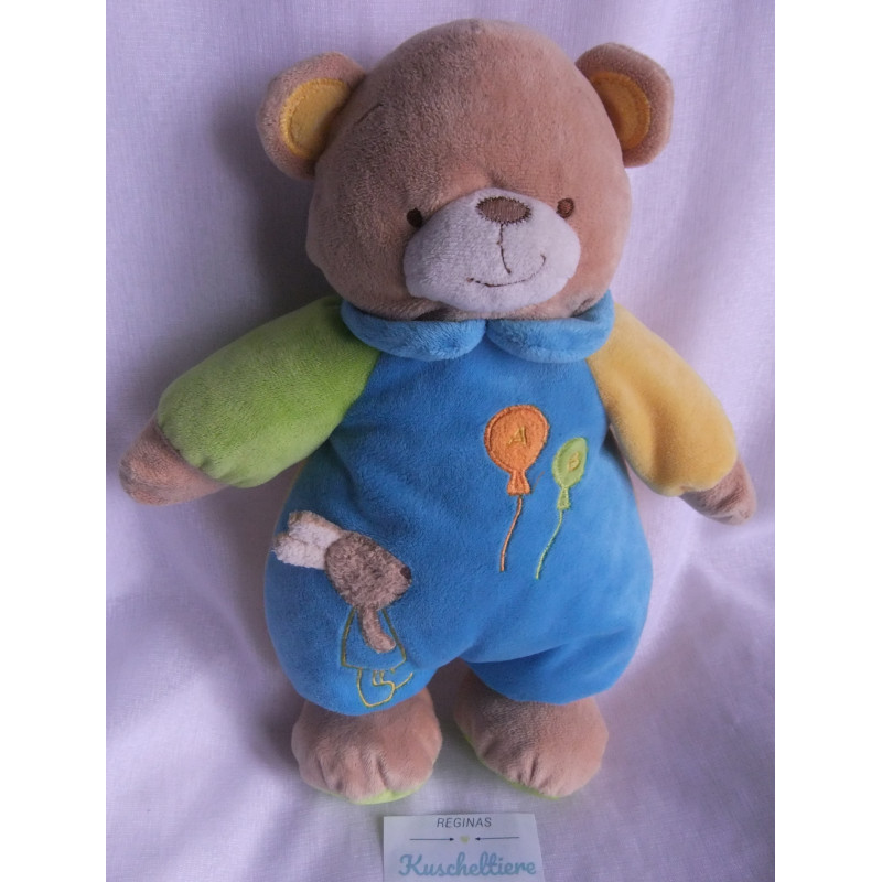 Maximo - Spieltier Kuscheltier Bär mit Rasselgeräusch - blau, gelb, braun - ca. 30 cm groß