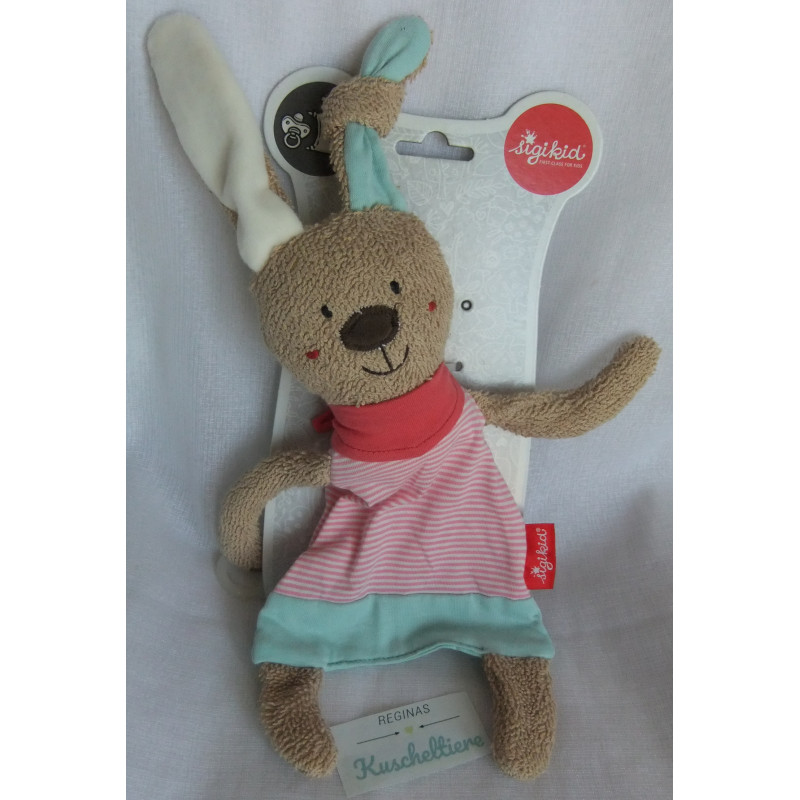Sigikid - Schmusetuch Schnullertuch - Hase mit Halstuch und Knoten im Ohr - braun, rosa-weiß gestreift, türkis - ca. 27 cm lang