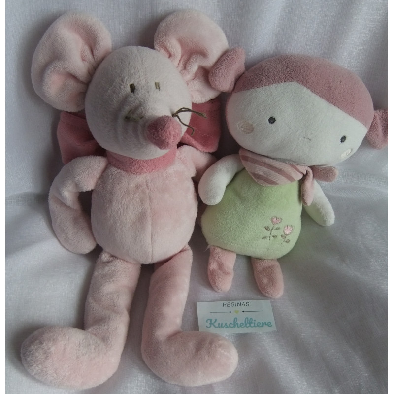 Pusblu Plüschtier Stoffpüppchen Mädchen mit Halstuch und Jacadi Plüschtier Maus mit Schleife
