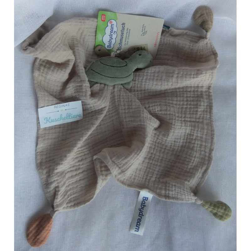 Babydream - Schmusetuch - Schildkröte - Musselin - beige, grün, bunte Knotenenden - ca. 40 cm lang