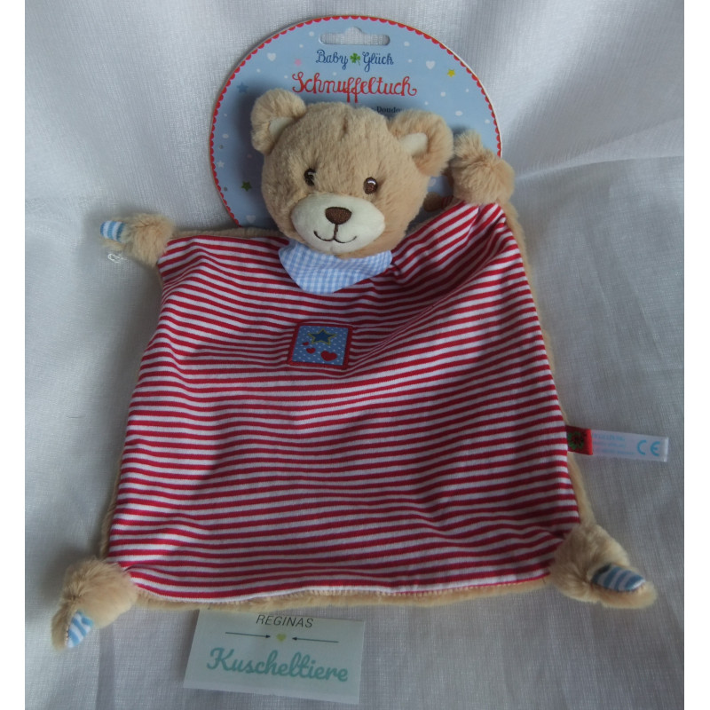 Spiegelburg - BabyGlück - Schmusetuch Bär rot-weiß gestreift mit Halstuch blau-weiß kariert - ca. 27 cm lang