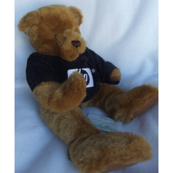 Werbeartikel - Plüschtier - Bär braun mit Pullover blau mit Aufdruck - ca. 33 cm groß - Schlenker