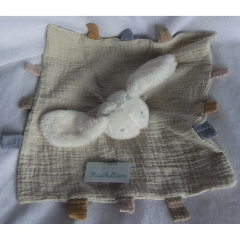 Kik / Ergee - Schmusetuch - Musselin - Hase - beige, weiß, bunte Zipfel - ca. 32 cm x 32 cm großß