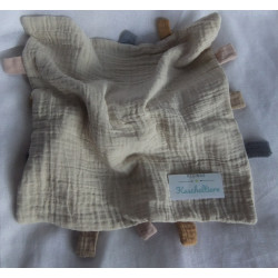 Kik / Ergee - Schmusetuch - Musselin - Hase - beige, weiß, bunte Zipfel - ca. 32 cm x 32 cm großß