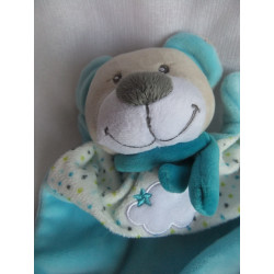 Nicotoy - Schmusetuch - Bär hellblau, weiß mit bunten Sternchenmotiven und kleiner Wolkenapplikation - ca. 23 cm lang