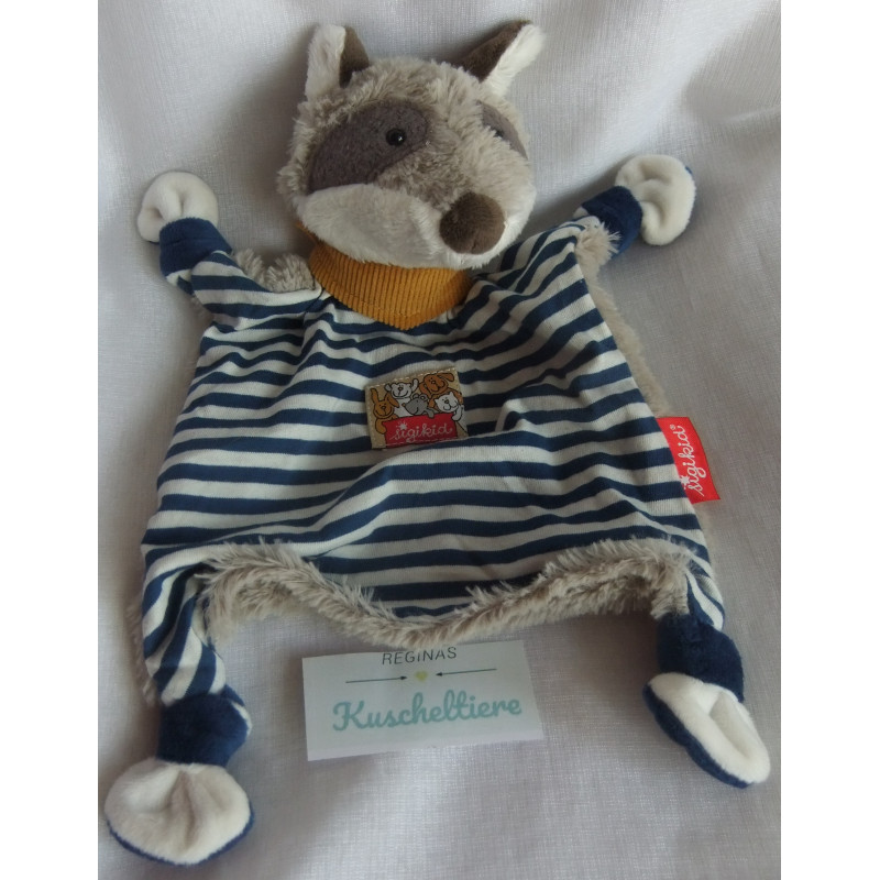 Sigikid - Schmusetuch - Waschbär blau-weiß gestreift mit Cordhalstuch ocker und Applikation - ca. 25 cm lang