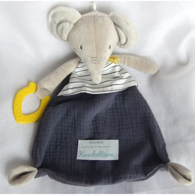 Ernstings Family Topomini - Schmusetuch - Elefant blau, weiß-blau gestreift mit Beißring gelb - ca. 30 cm lang