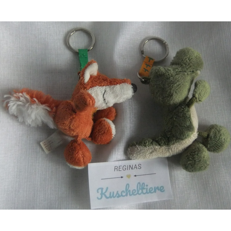 Nici - zwei Zwei Schlüsselanhänger - Talismann Fuchs mit aufgestickter Blume und Talismann Krokodil